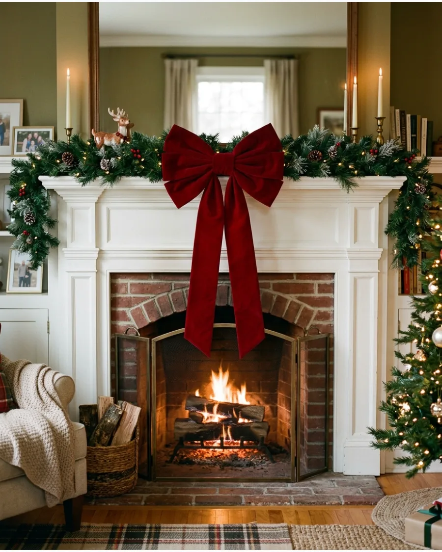 15. Oversized Velvet Bow Christmas Mantel
