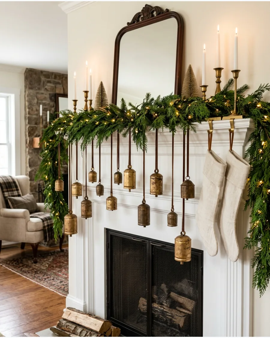 16. Christmas Mantel With Hanging Gold Bells