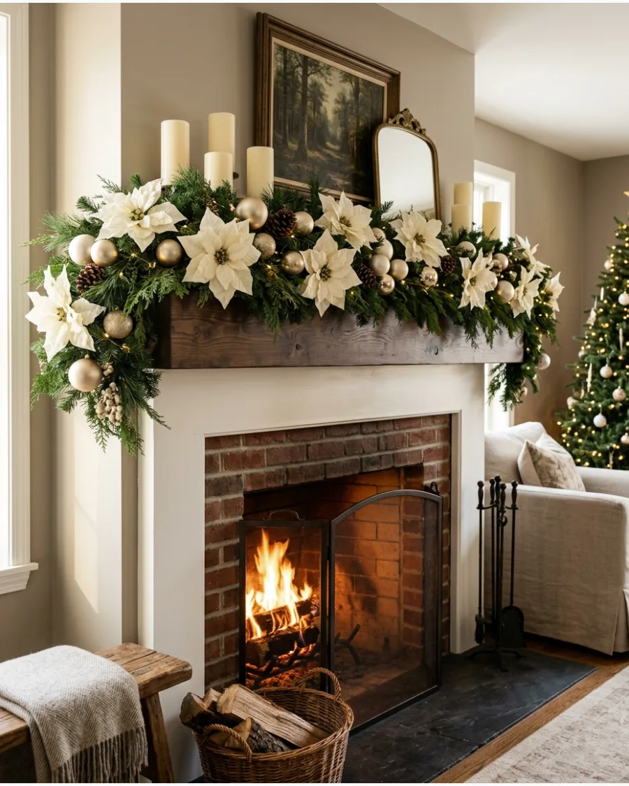 17. White Poinsettia Christmas Mantel