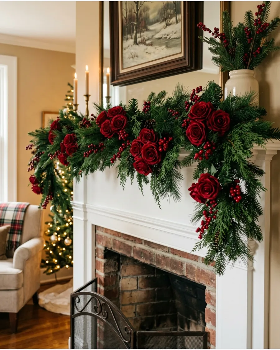 18. Red Rose Christmas Fireplace Mantel
