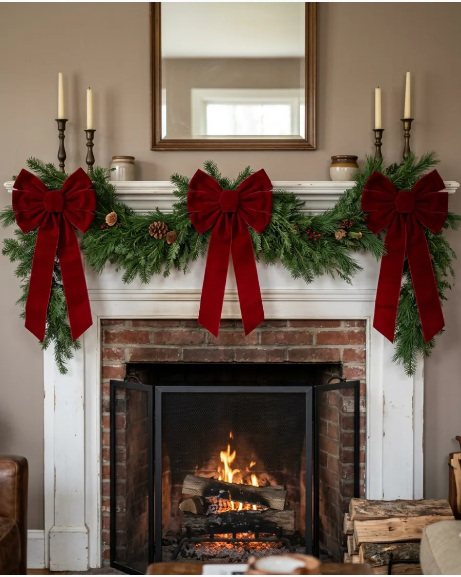 2. Evergreen Garland and Red Velvet Bow Mantel