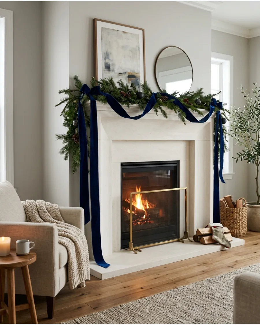 20. Christmas Mantel With Cascading Ribbon