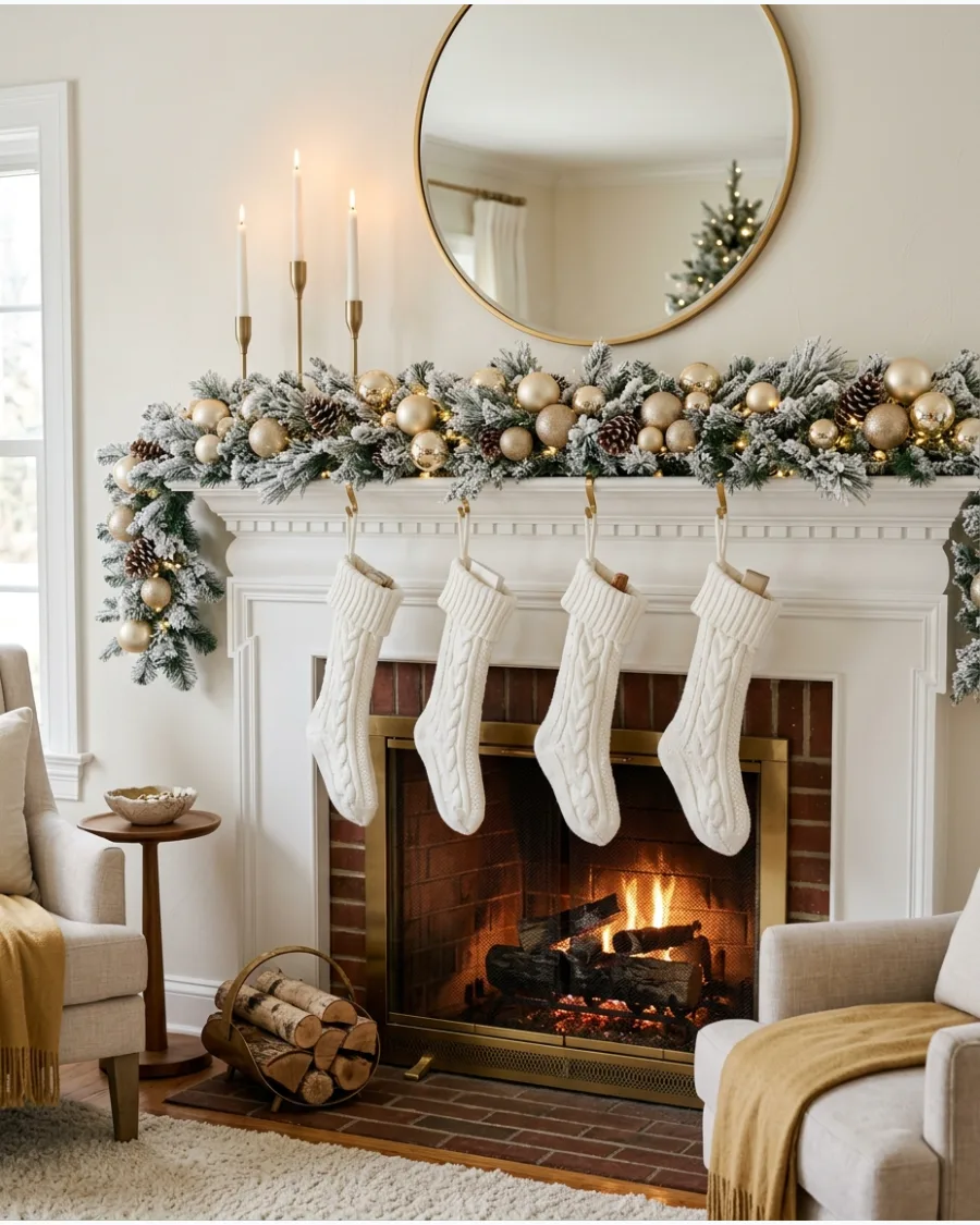 21. White and Gold Christmas Fireplace Mantel