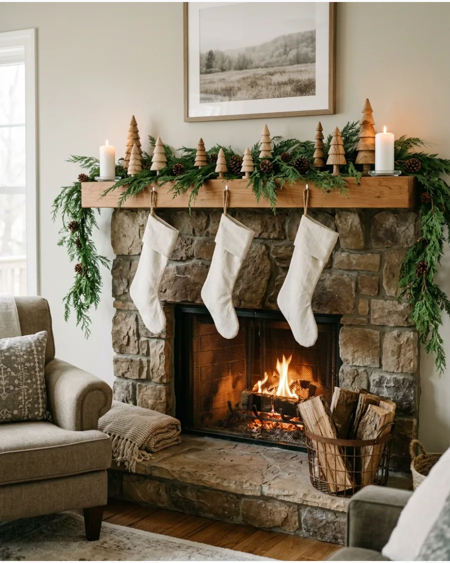 22. Neutral Christmas Fireplace Mantel