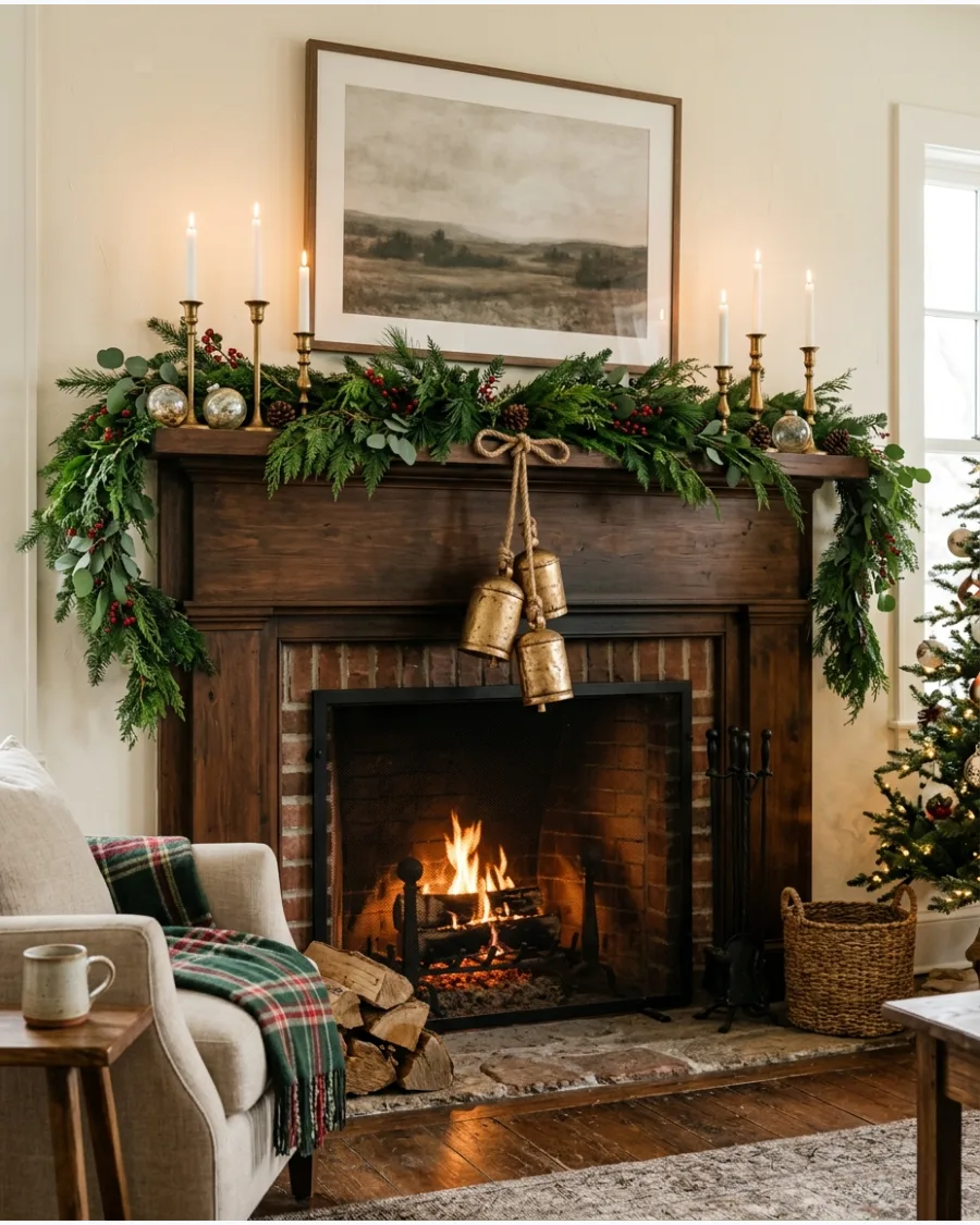 24. Green and Brass Christmas Mantel