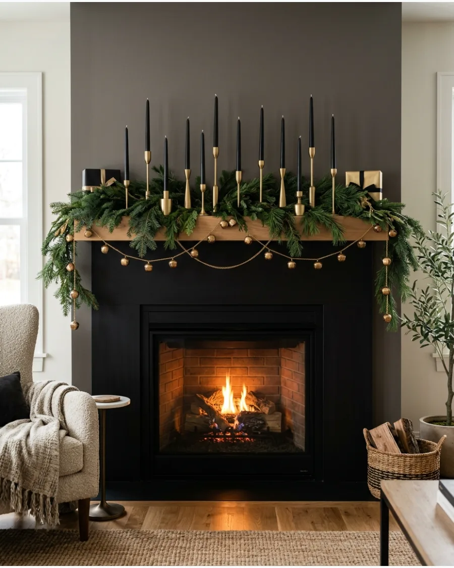 25. Black and Gold Christmas Mantel