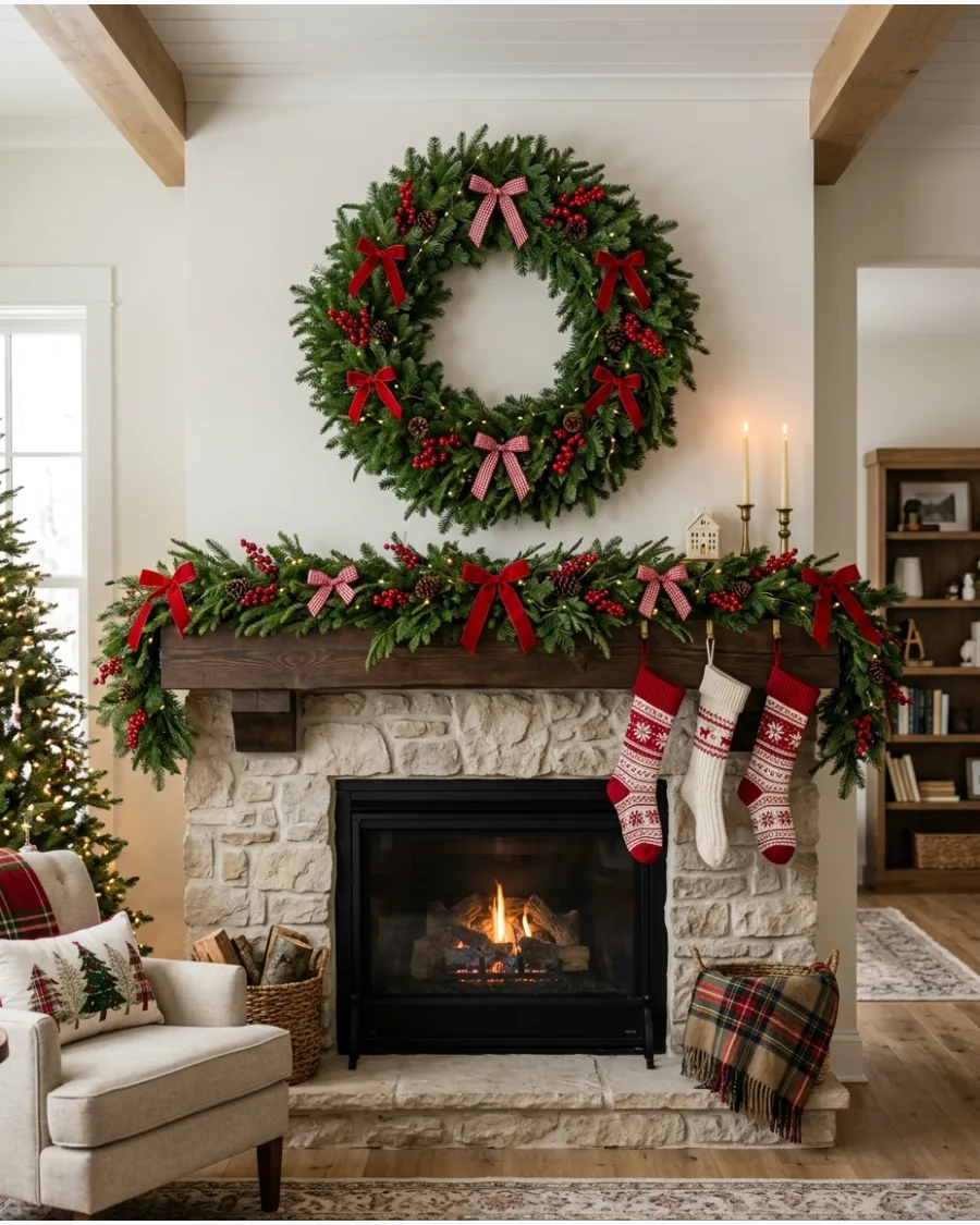 3. Christmas Mantel With a Large Evergreen Wreath