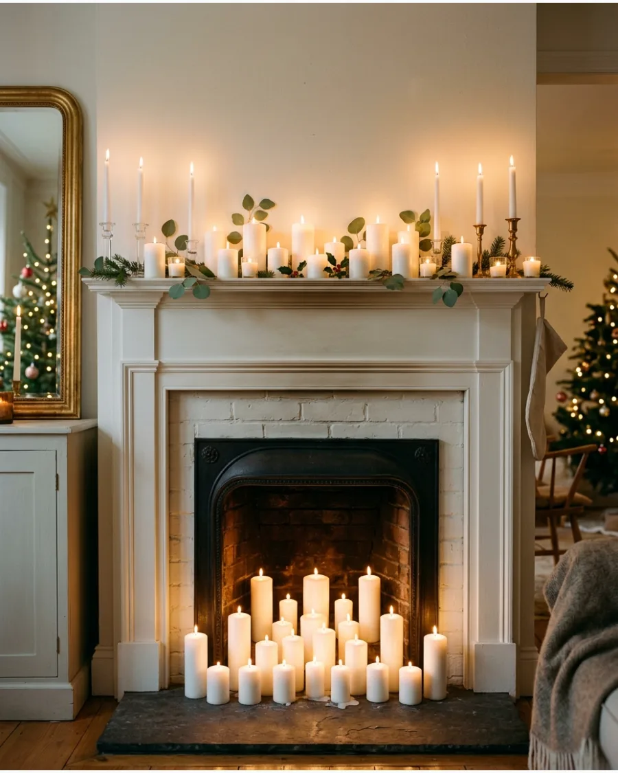 30. Candle-Filled Christmas Mantel