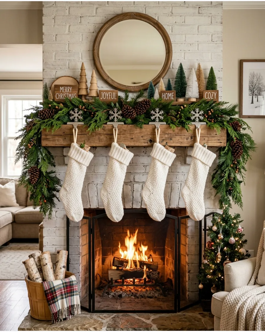 31. Farmhouse Christmas Fireplace Mantel