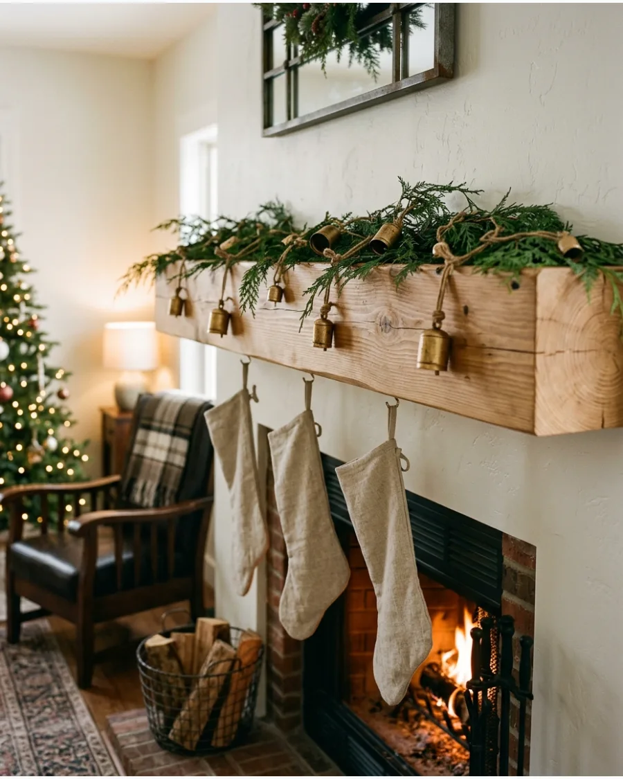 32. Rustic Wood Beam Christmas Mantel