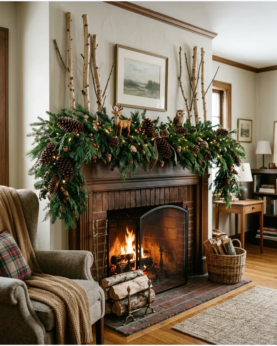 33. Pinecone Woodland Christmas Mantel