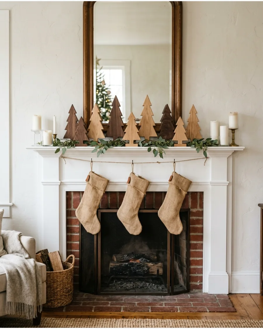 34. Christmas Mantel With Wooden Trees