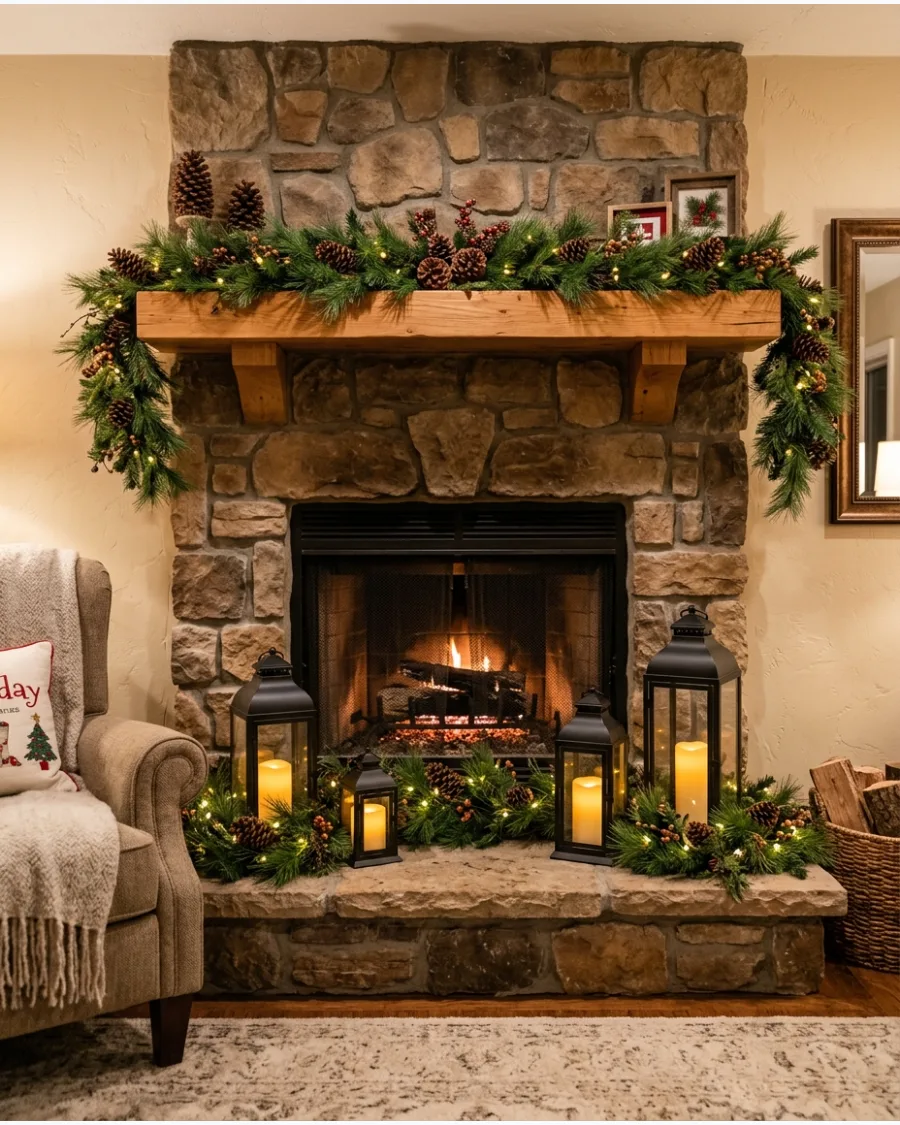 35. Lantern Christmas Fireplace Mantel