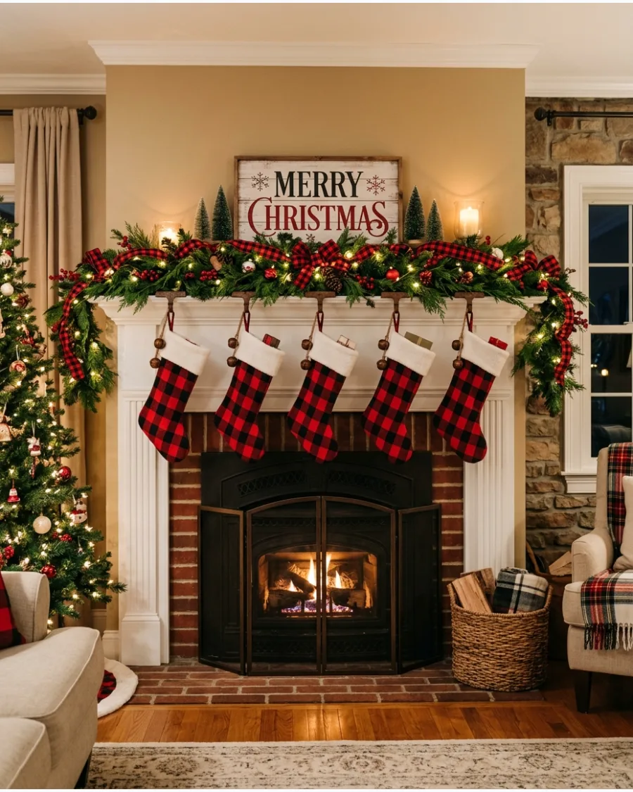 36. Buffalo Plaid Christmas Mantel