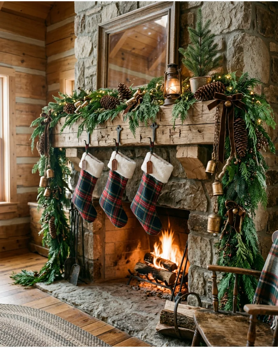39. Cabin Christmas Fireplace Mantel