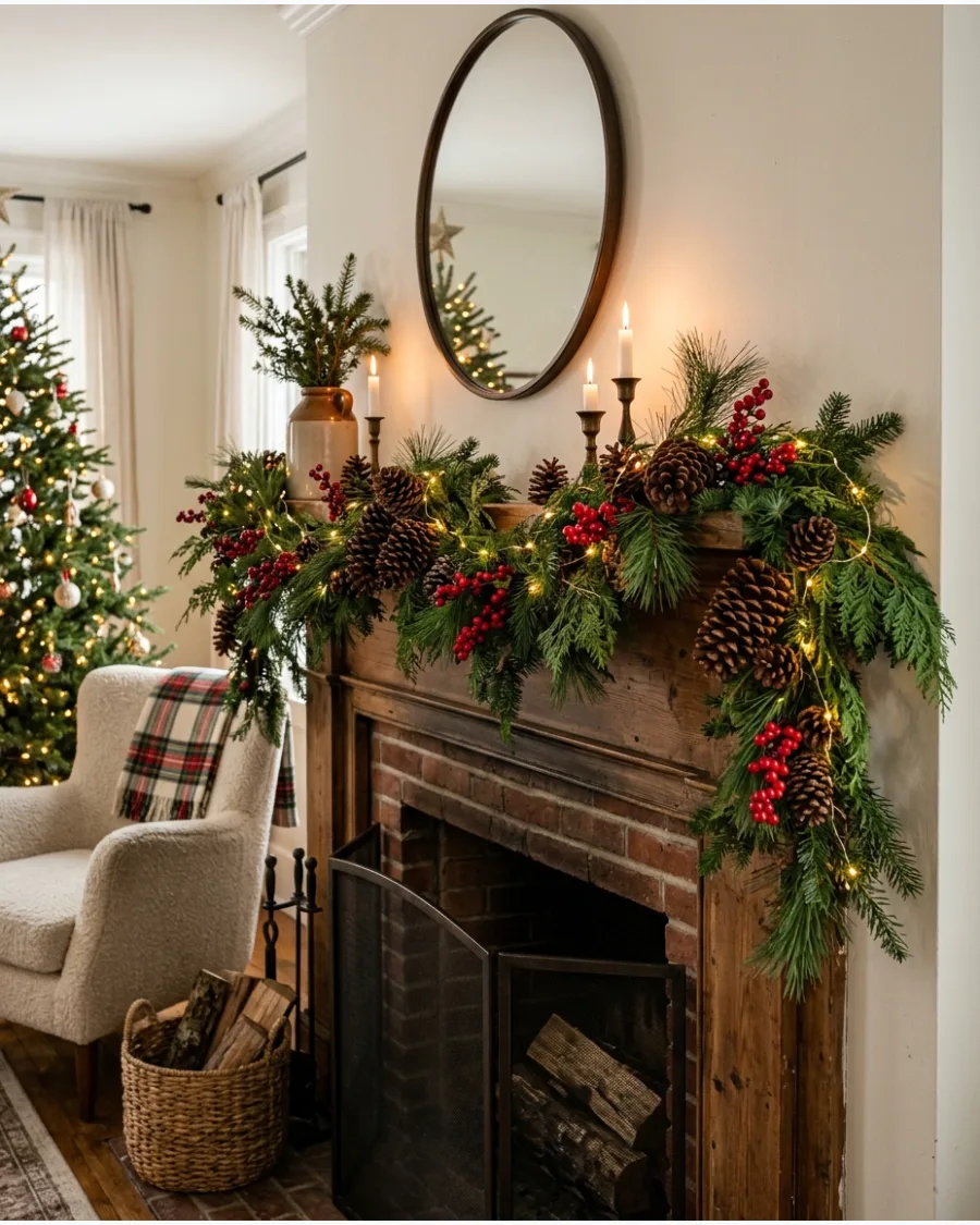 4. Red Berry and Pinecone Christmas Mantel