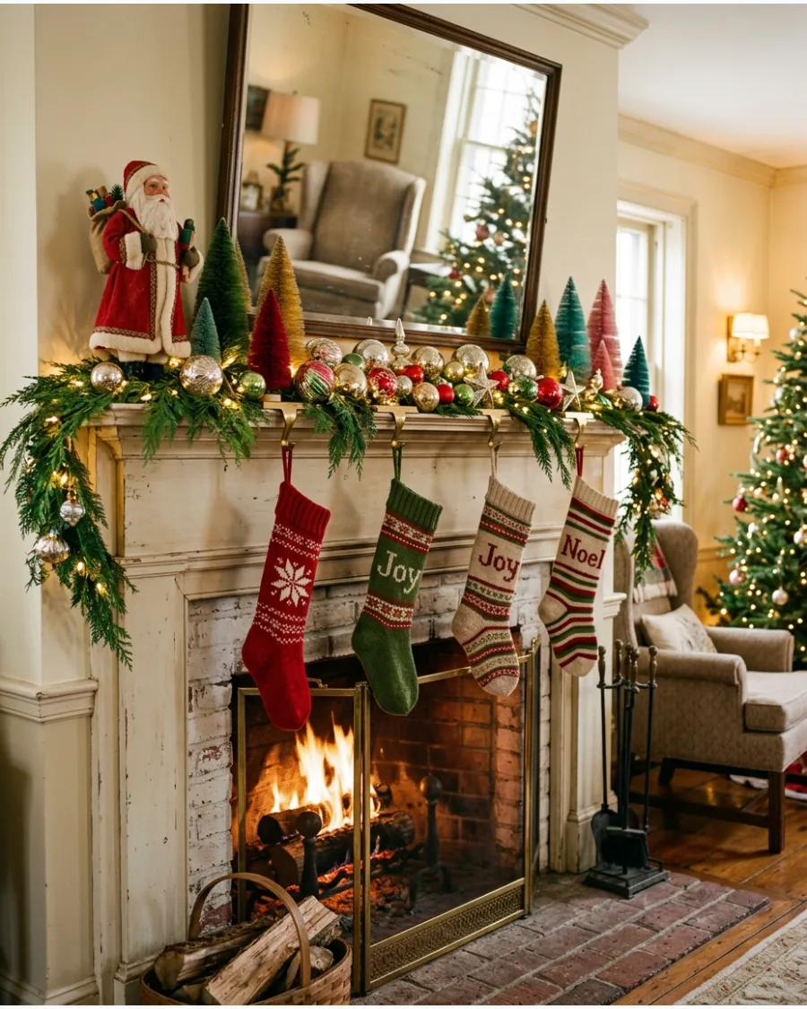 41. Vintage Christmas Fireplace Mantel