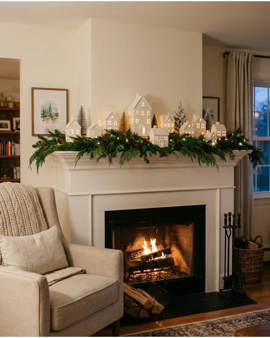 43. White Ceramic House Christmas Mantel