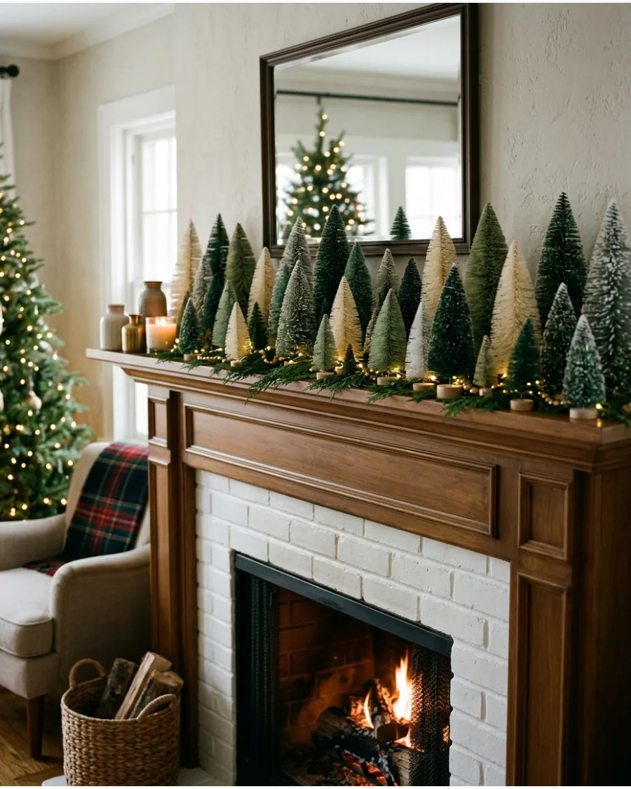 44. Bottle Brush Tree Christmas Mantel