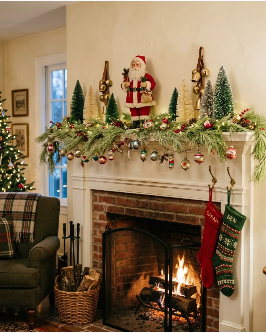 45. Vintage Santa Christmas Mantel