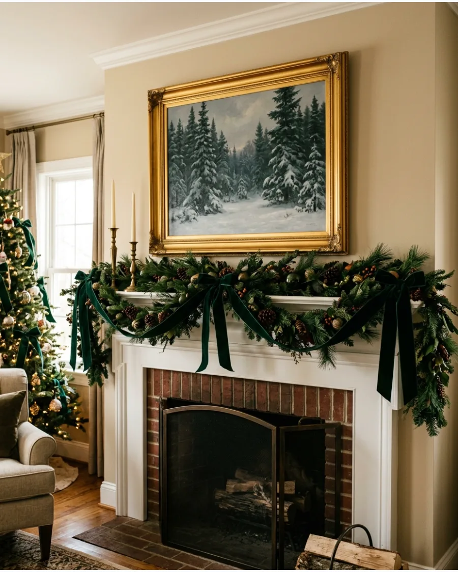 46. Christmas Mantel With Framed Holiday Artwork