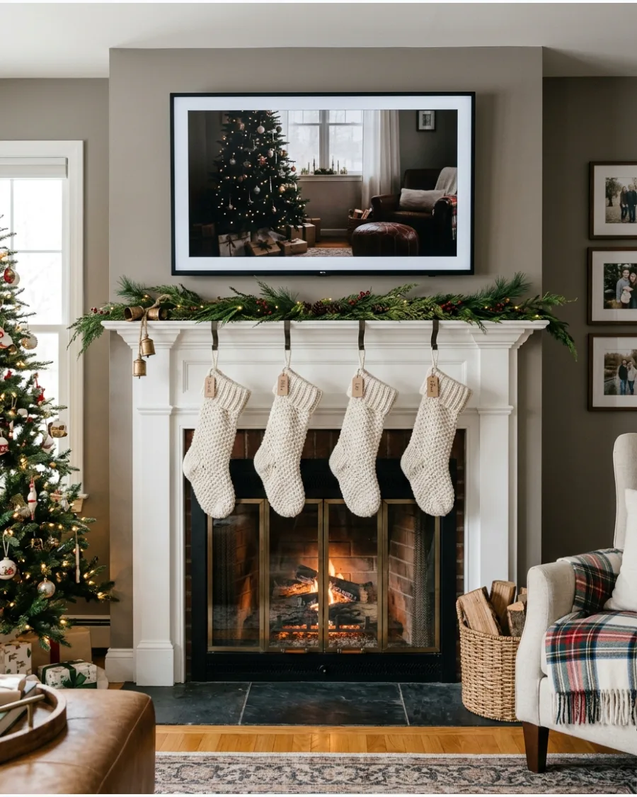 48. Simple Christmas Mantel Under a TV