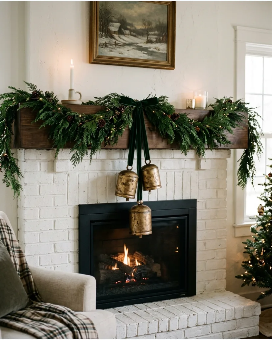 5. Christmas Mantel With Brass Bells
