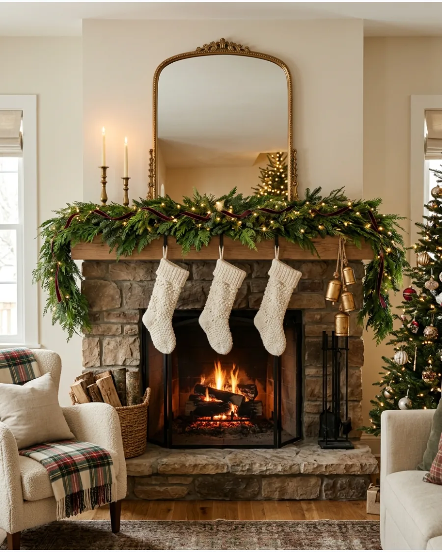 50. Layered Designer Christmas Fireplace Mantel