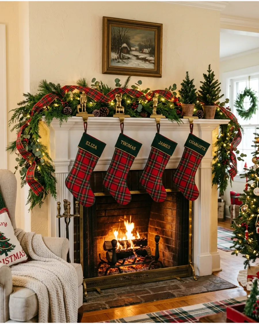 6. Plaid Christmas Fireplace Mantel