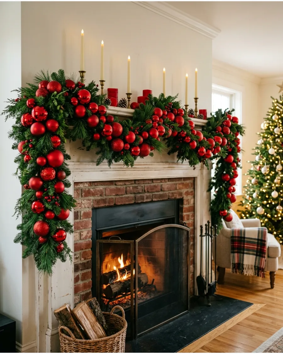 9. Red Ornament Christmas Mantel Garland