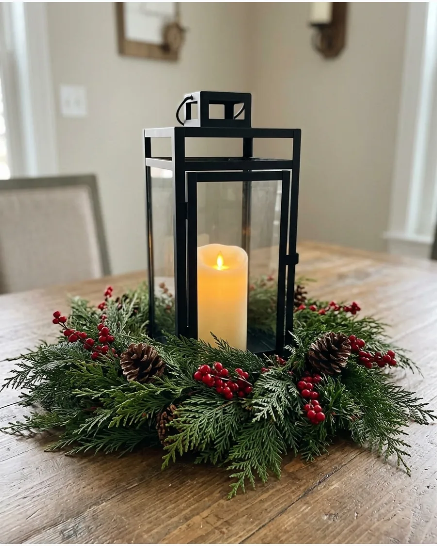 1. Black Lantern With Evergreen and Red Berries