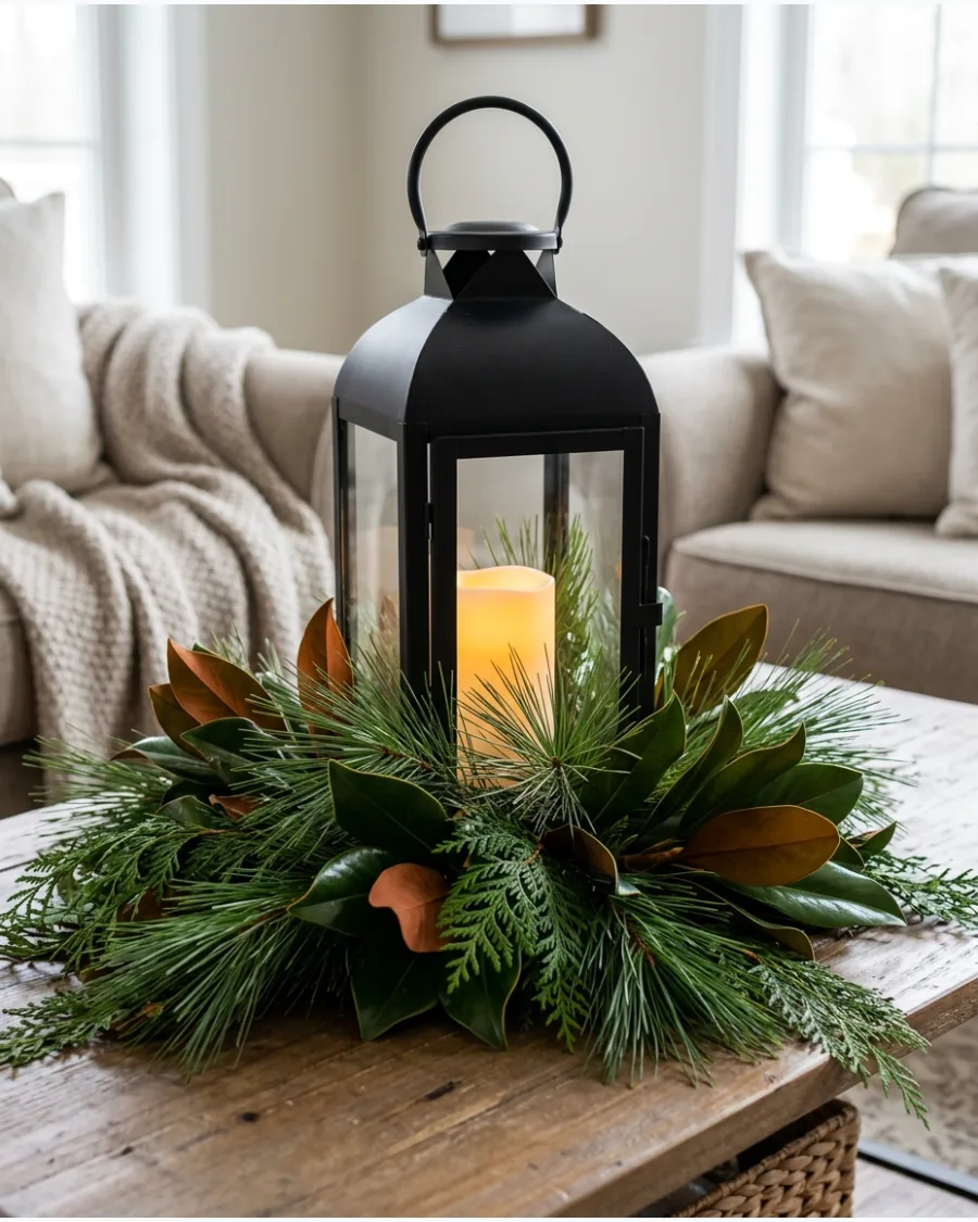 10. Candle Lantern With Fresh Christmas Greens