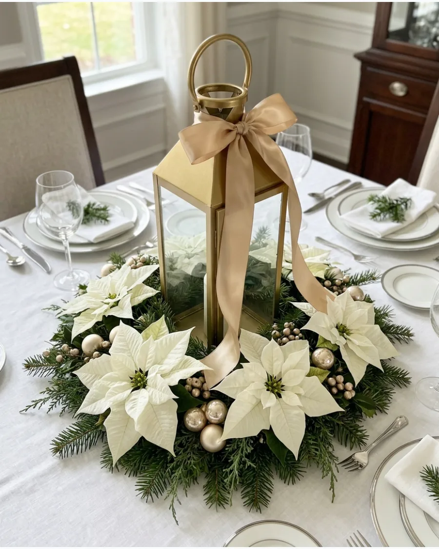 18. Gold Lantern With White Poinsettias