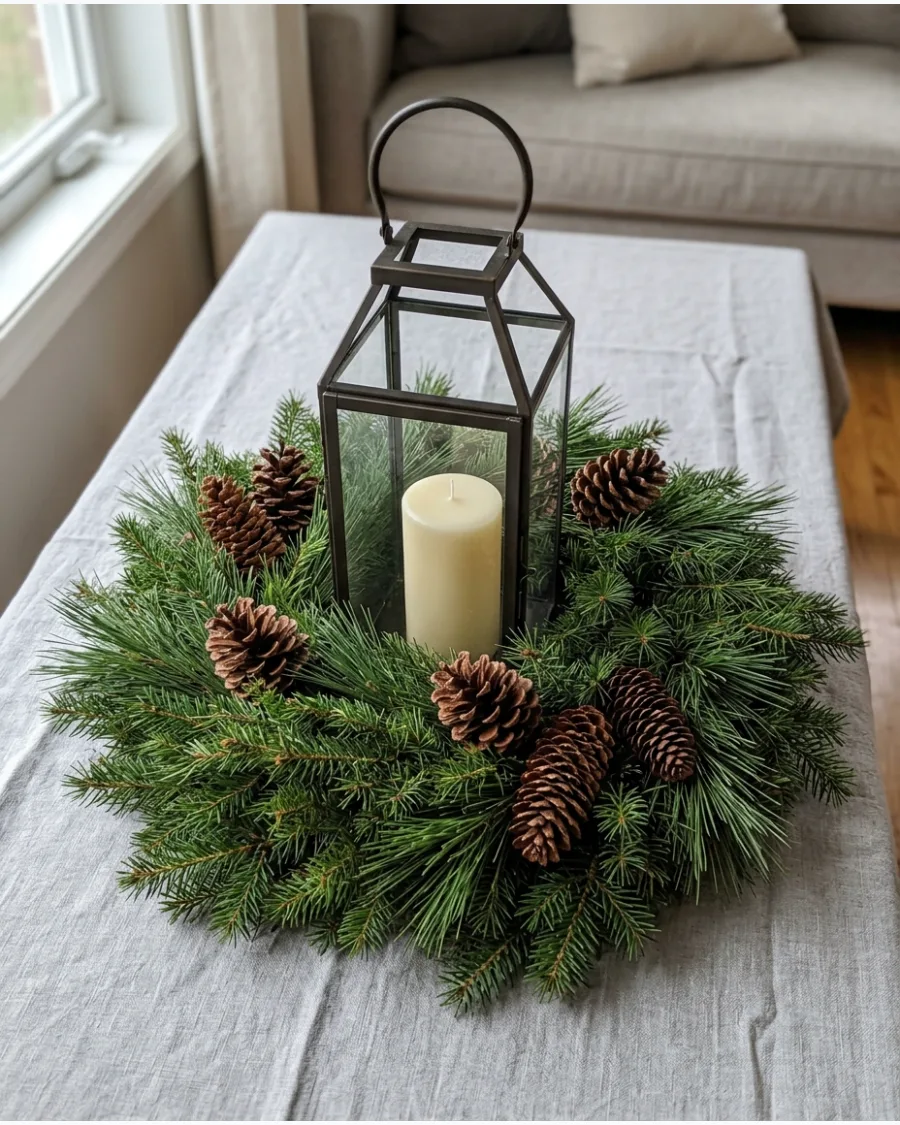 2. Lantern With Pinecones and Christmas Greenery