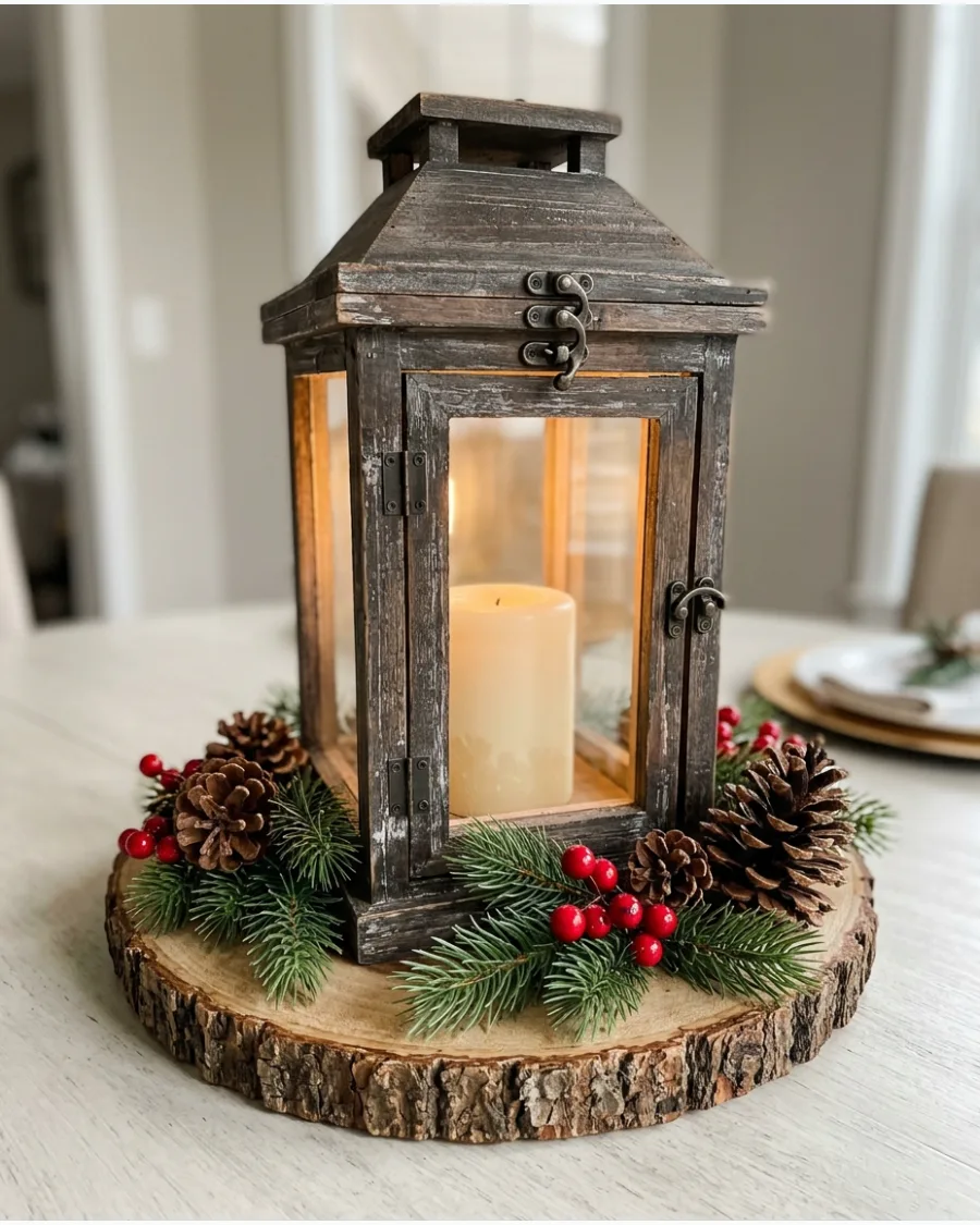 21. Rustic Wooden Lantern Christmas Centerpiece