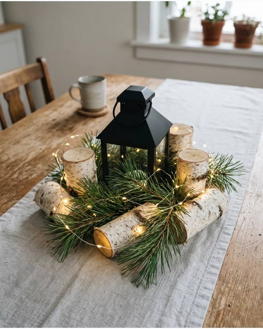27. Birch and Pine Lantern Centerpiece