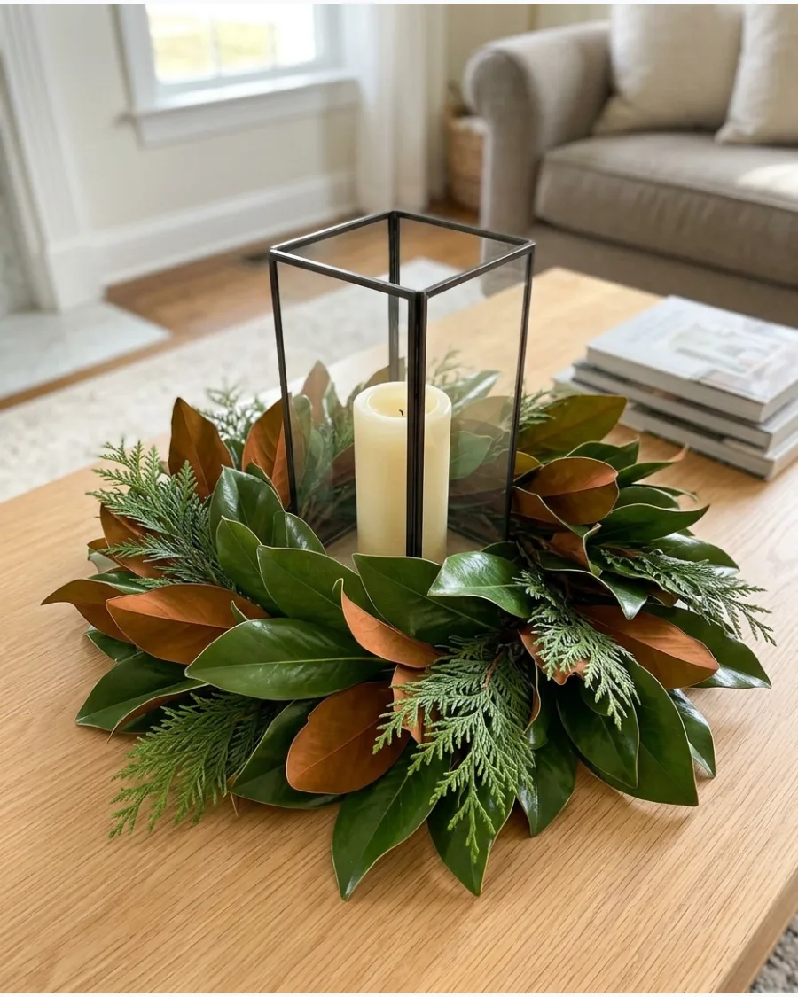 28. Magnolia and Evergreen Lantern Centerpiece