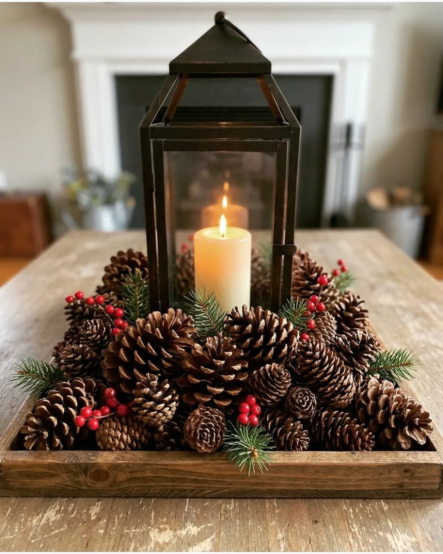 29. Pinecone-Heavy Lantern Centerpiece