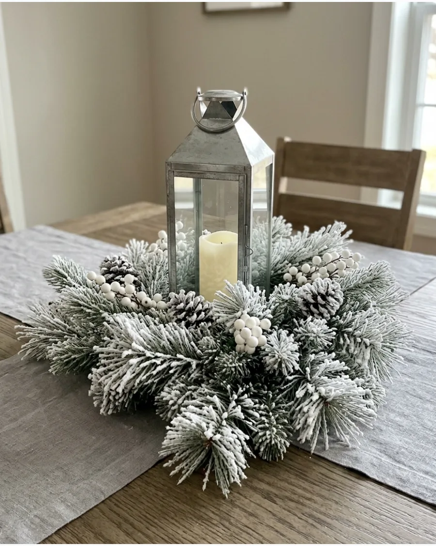 35. Frosted Pine Lantern Centerpiece