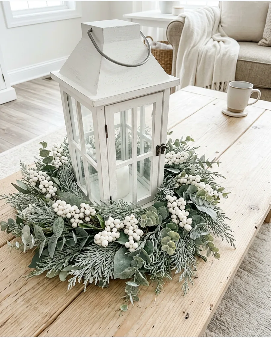 37. White Berry Lantern Centerpiece