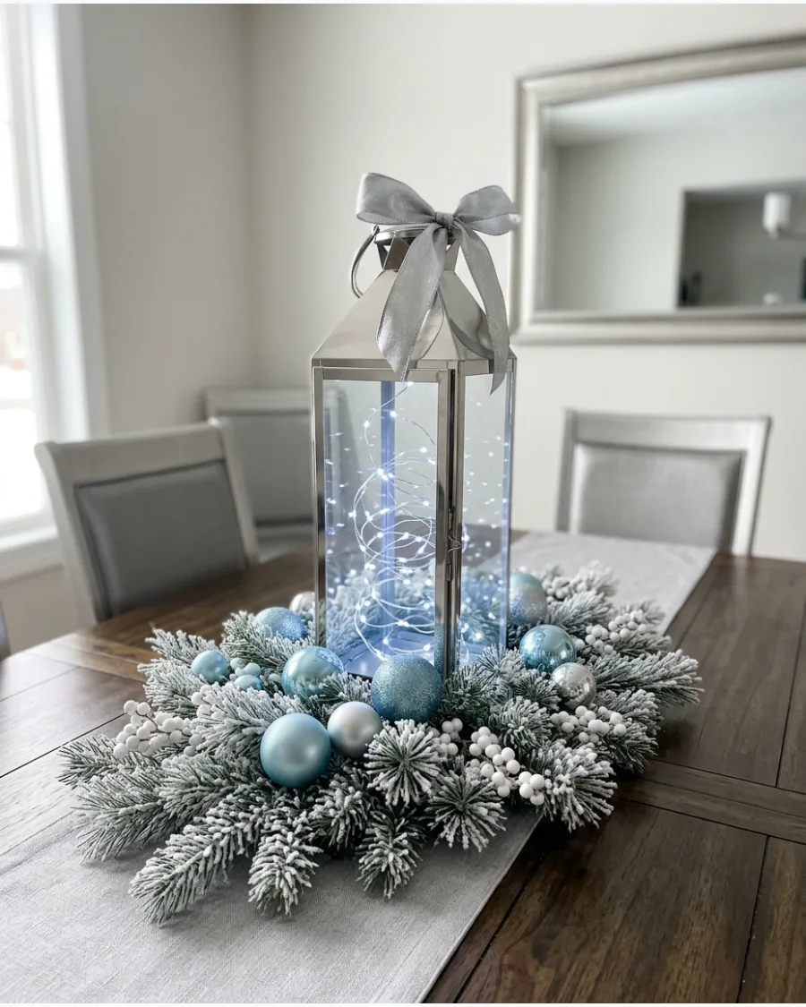 38. Icy Blue Christmas Lantern Centerpiece