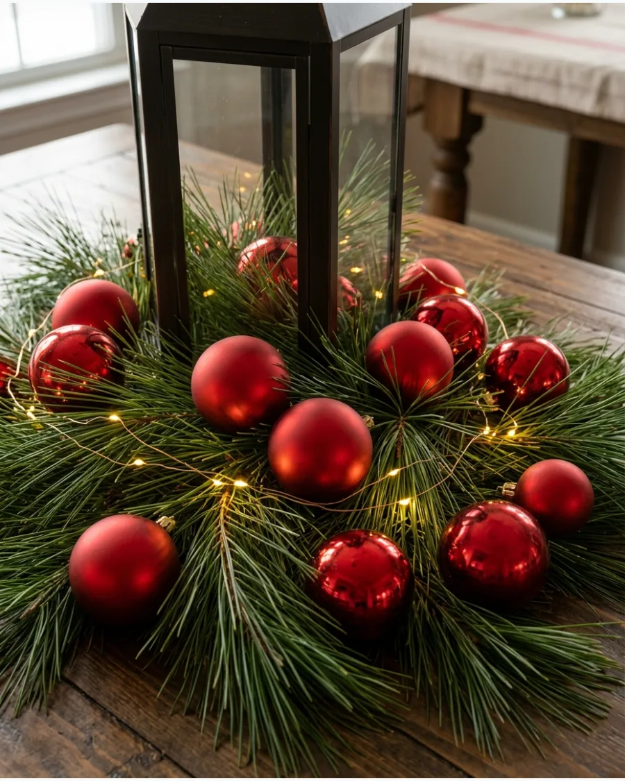 4. Lantern With Red Ornaments and Pine