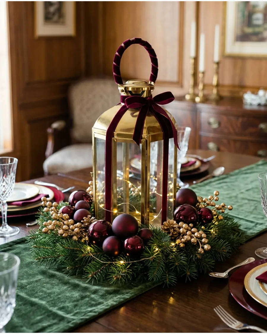 40. Burgundy and Gold Lantern Centerpiece
