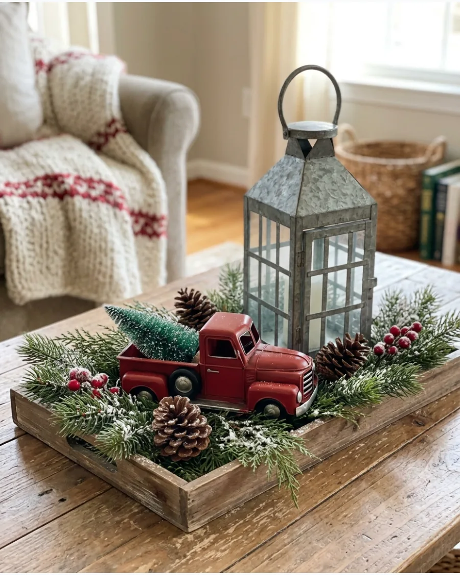 44. Red Truck Christmas Lantern Centerpiece