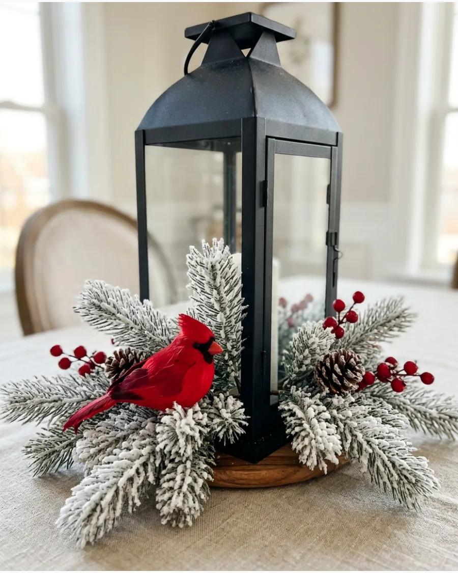 45. Cardinal Christmas Lantern Centerpiece