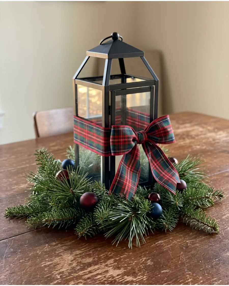 46. Plaid Christmas Lantern Centerpiece