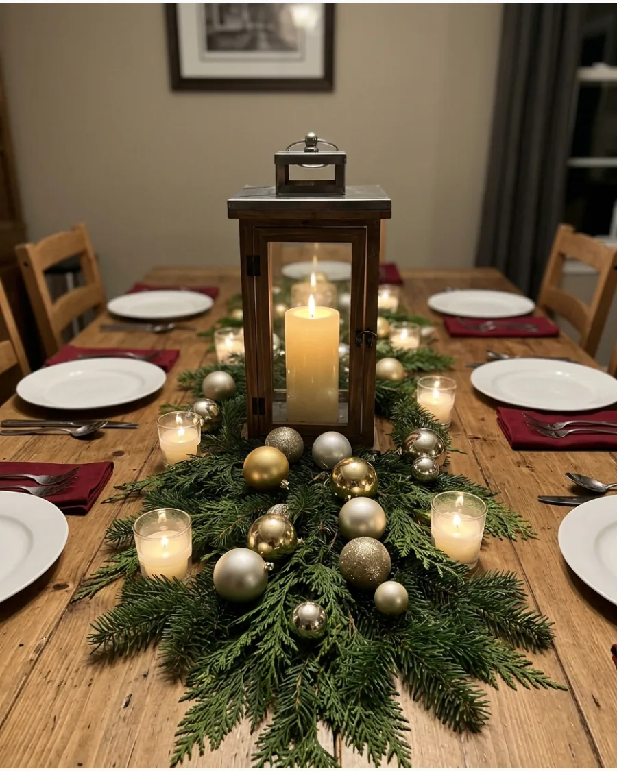 50. Lantern and Ornament Table Runner Centerpiece