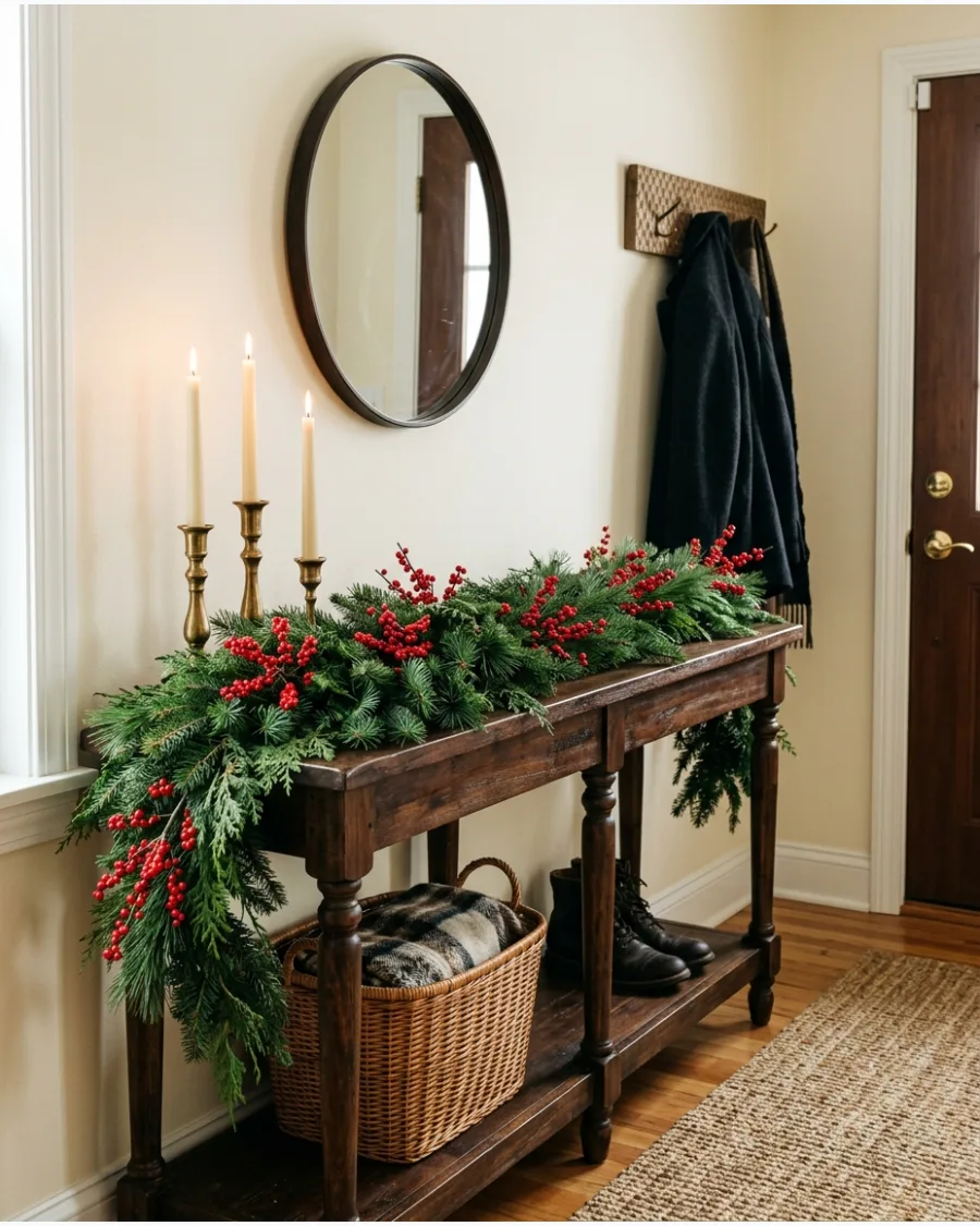 1. Evergreen Garland and Red Berry Entry Table