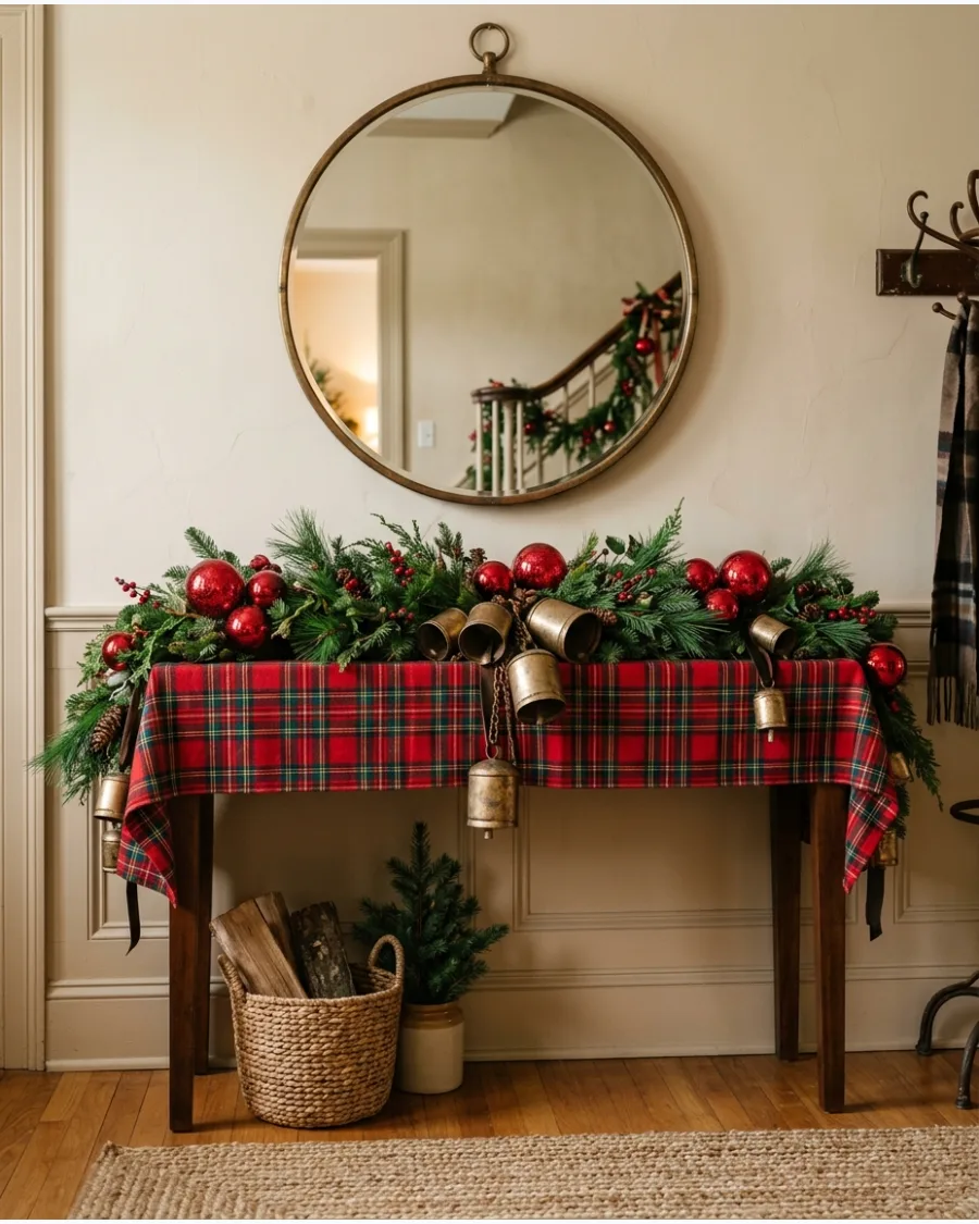 10. Traditional Plaid Christmas Entry Table