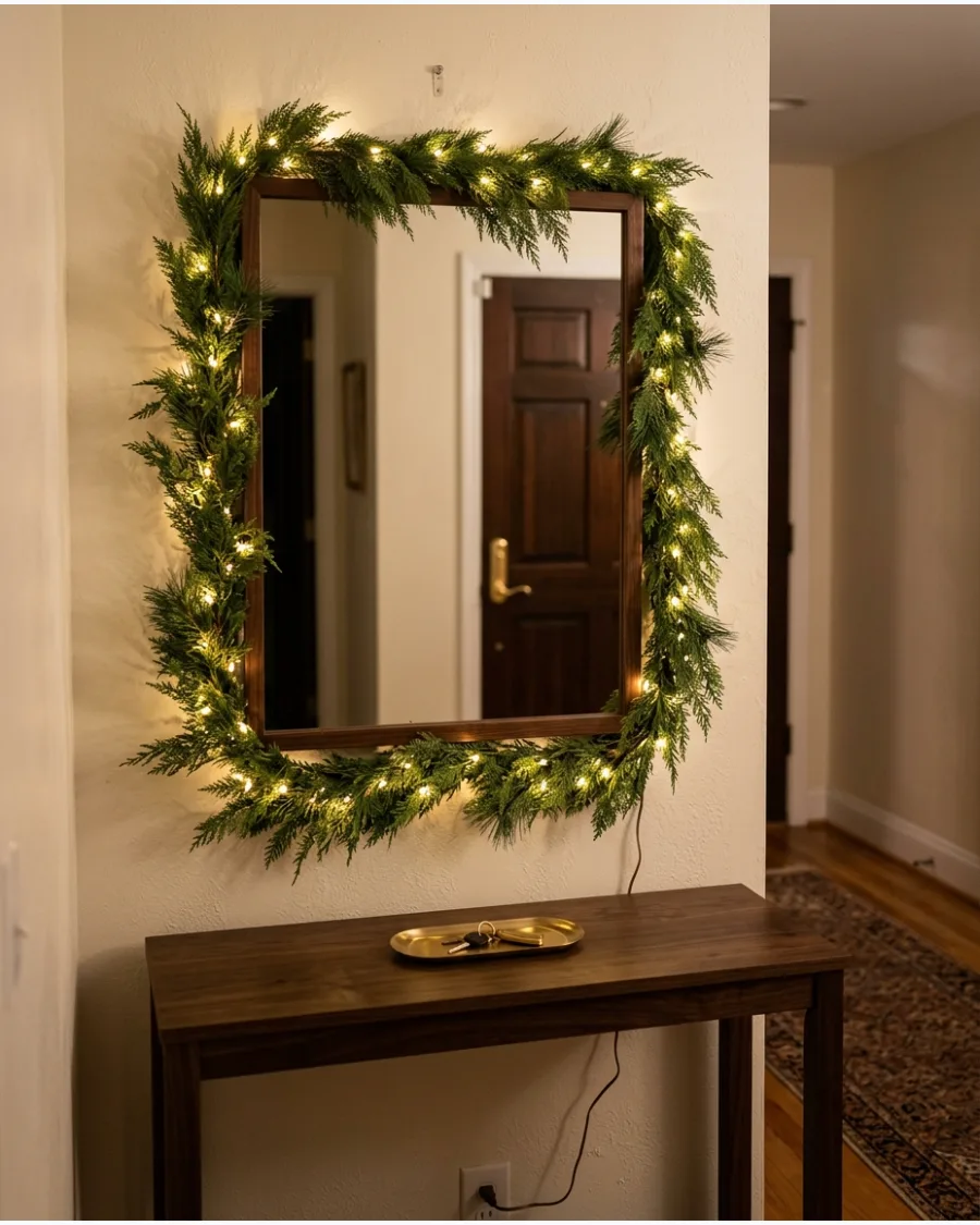 11. Lit Garland Around the Entryway Mirror